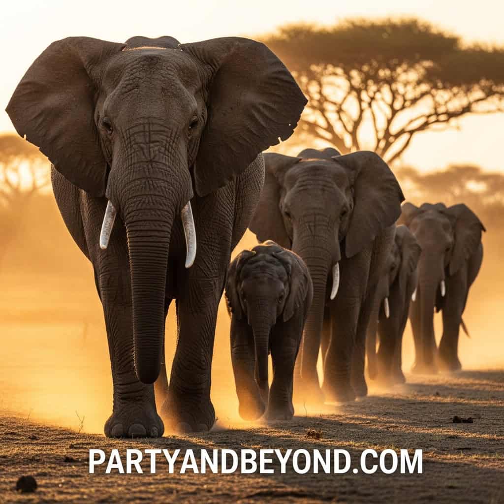 Elephants walking in a line during sunset in the savannah.