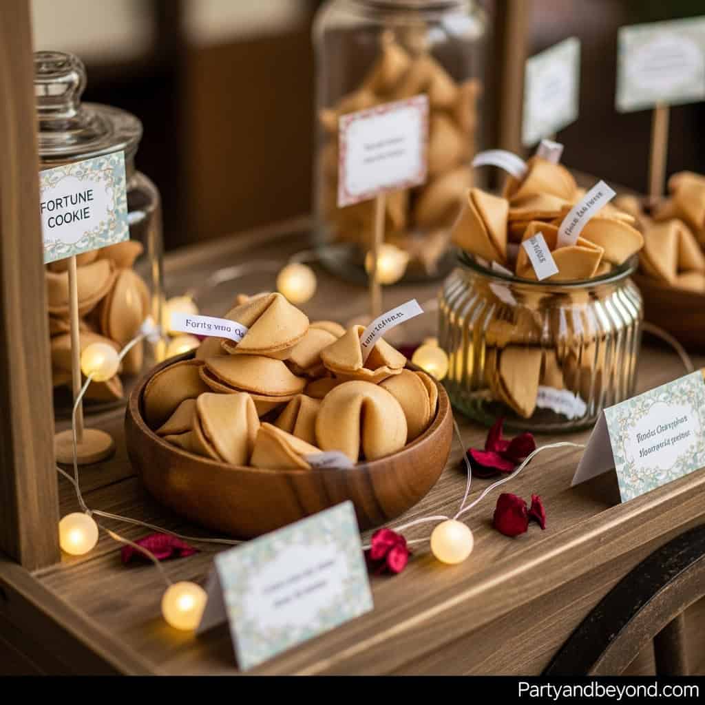 Wedding reception fortune cookies station with personalized tags and decorative lights.