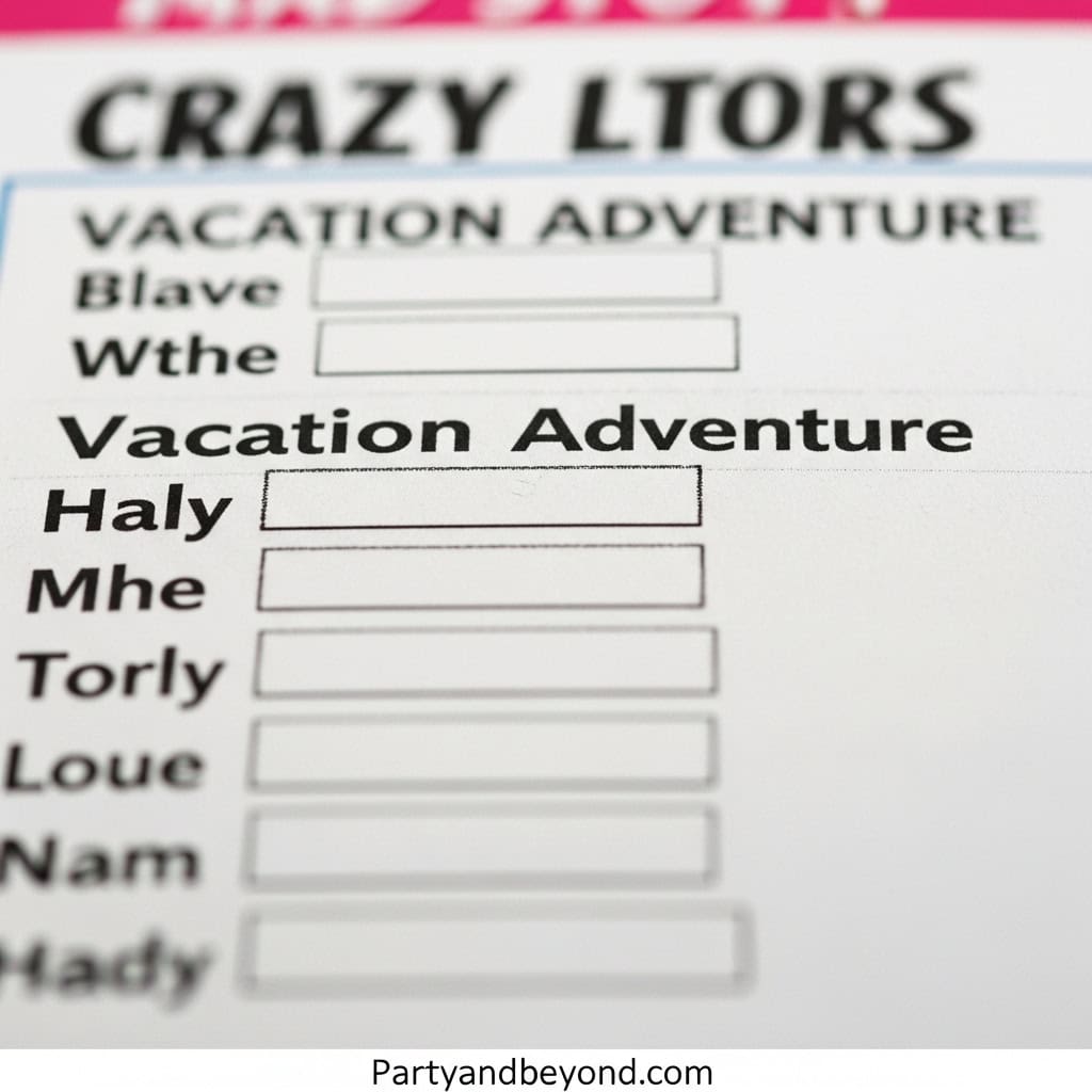Wedding reception game sign with playful prompts for guests to fill out their vacation adventure pla.