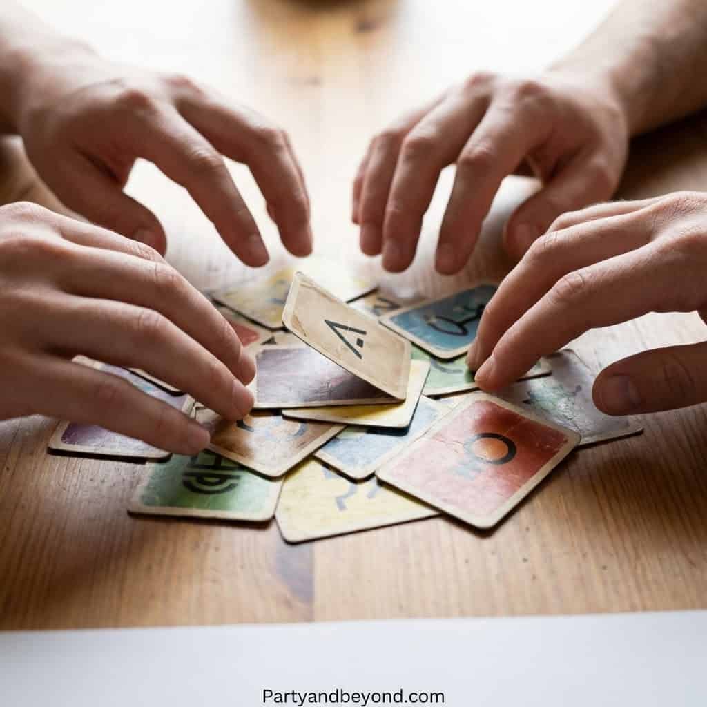 Group of adults playing a fun card game at a dinner party.