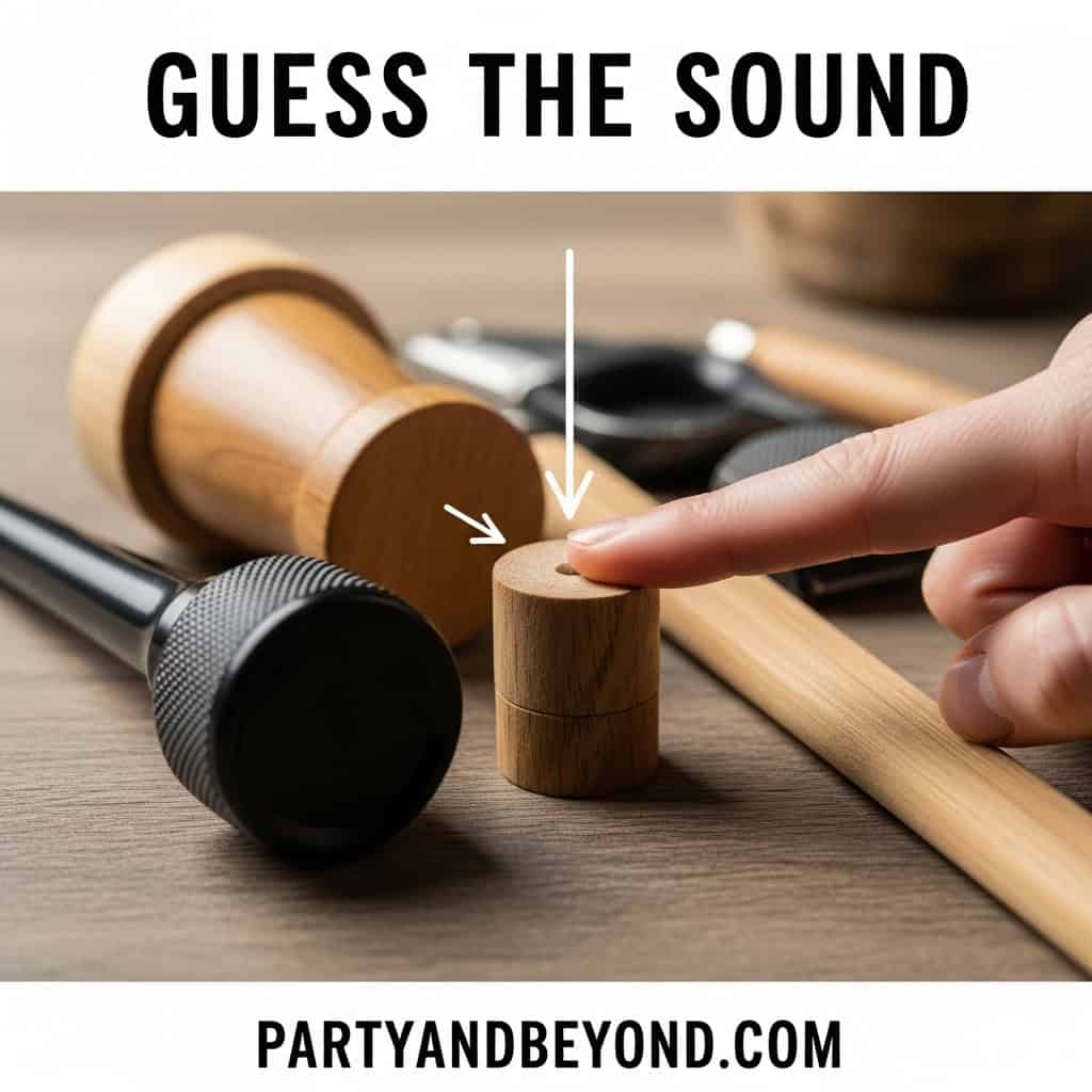 Kids playing "Guess the Sound" game with wooden objects at a birthday party.