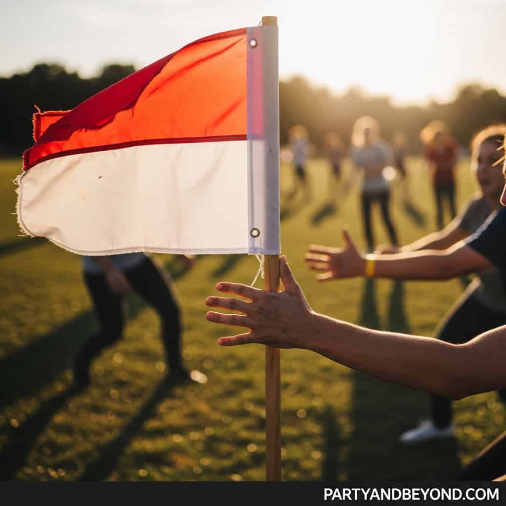 Kids playing energetic birthday party games outdoors with a flag at sunset.