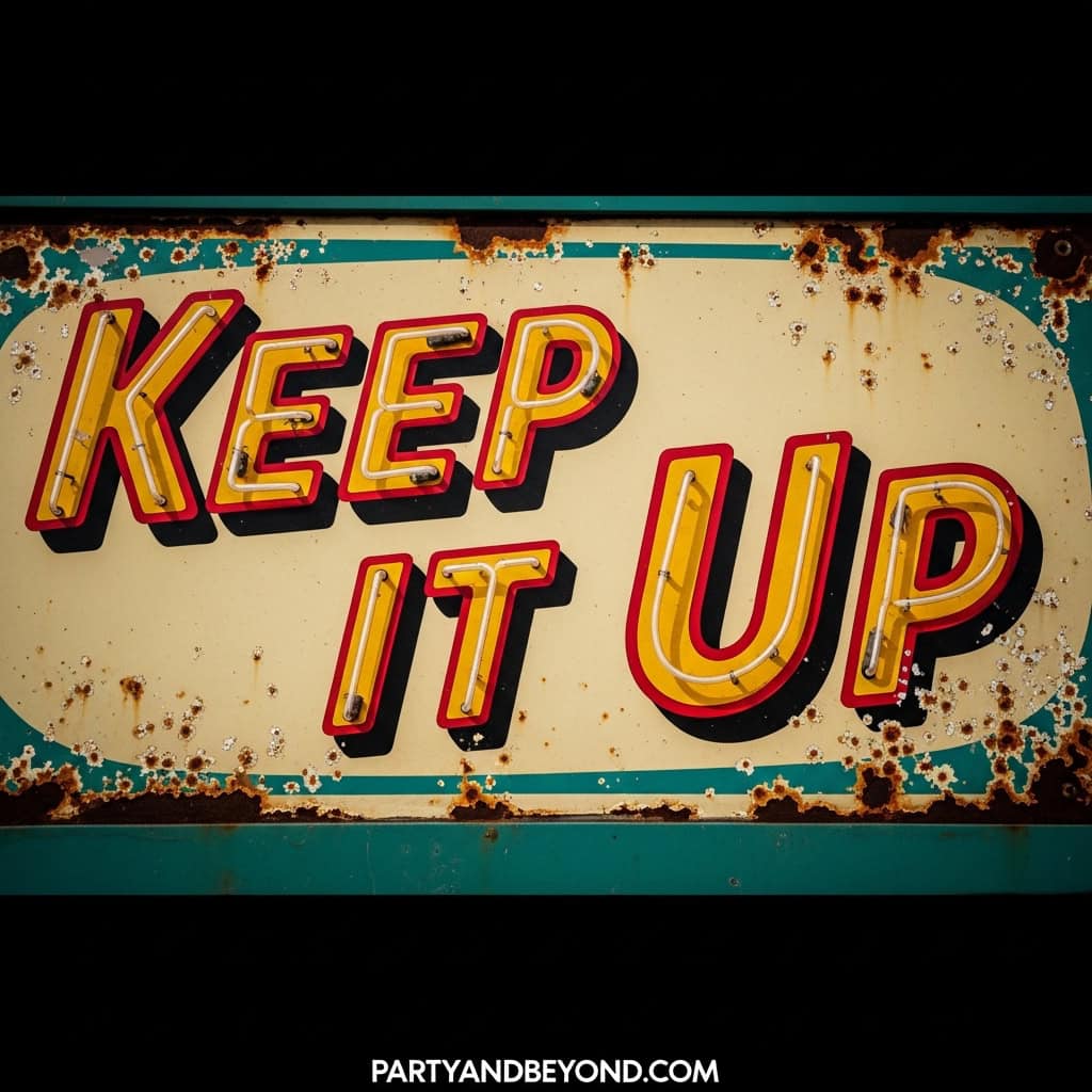 Vintage "Keep It Up" sign with rust and weathered look for party decor.