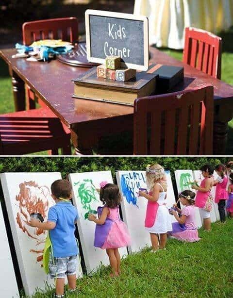 Kids' coloring and art station at a wedding reception
