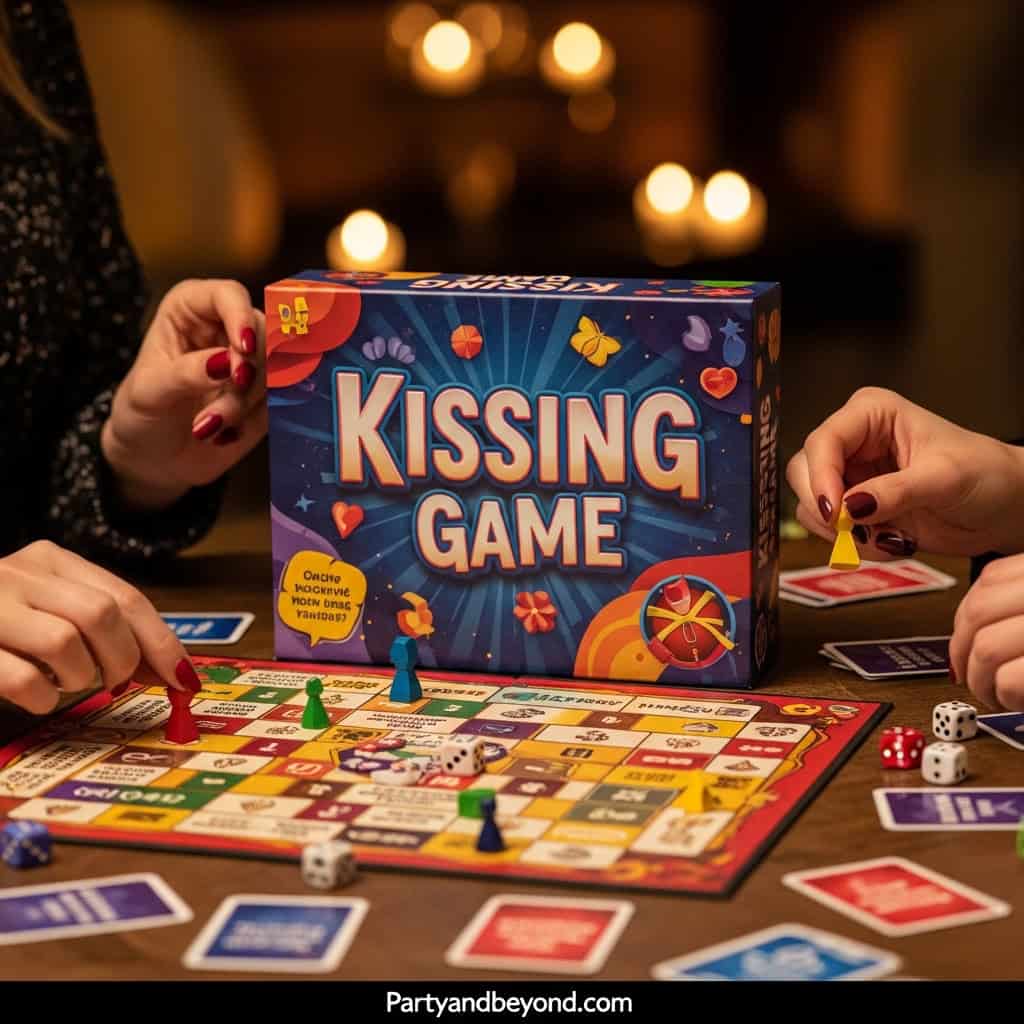 Fun wedding reception game with players kissing on a colorful board game.