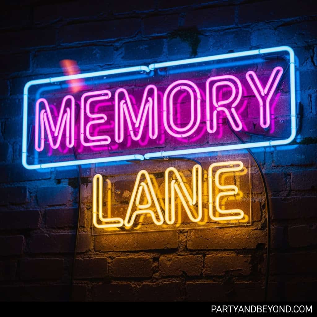 Neon sign reading "Memory Lane" in vibrant pink, purple, and yellow colors against a dark brick wall.