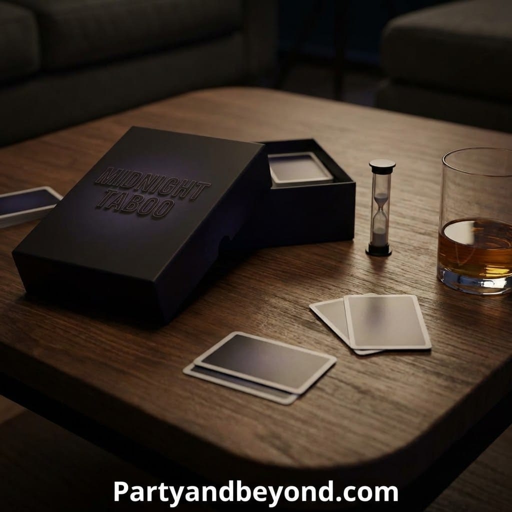 Midnight Taboo party game with cards, hourglass, and drink on wooden table.