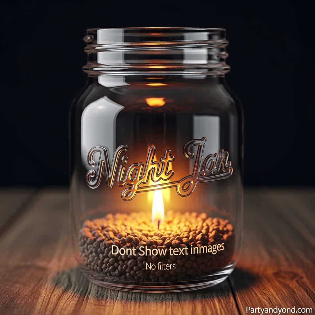Elegant night jar candle with warm glow for wedding reception ambiance.