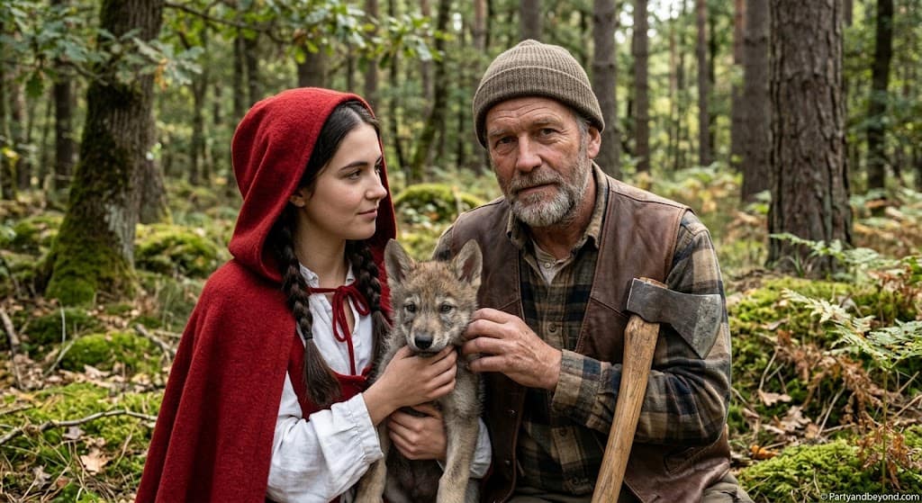 Family Halloween costumes for three as Little Red Riding Hood, woodcutter, and baby wolf