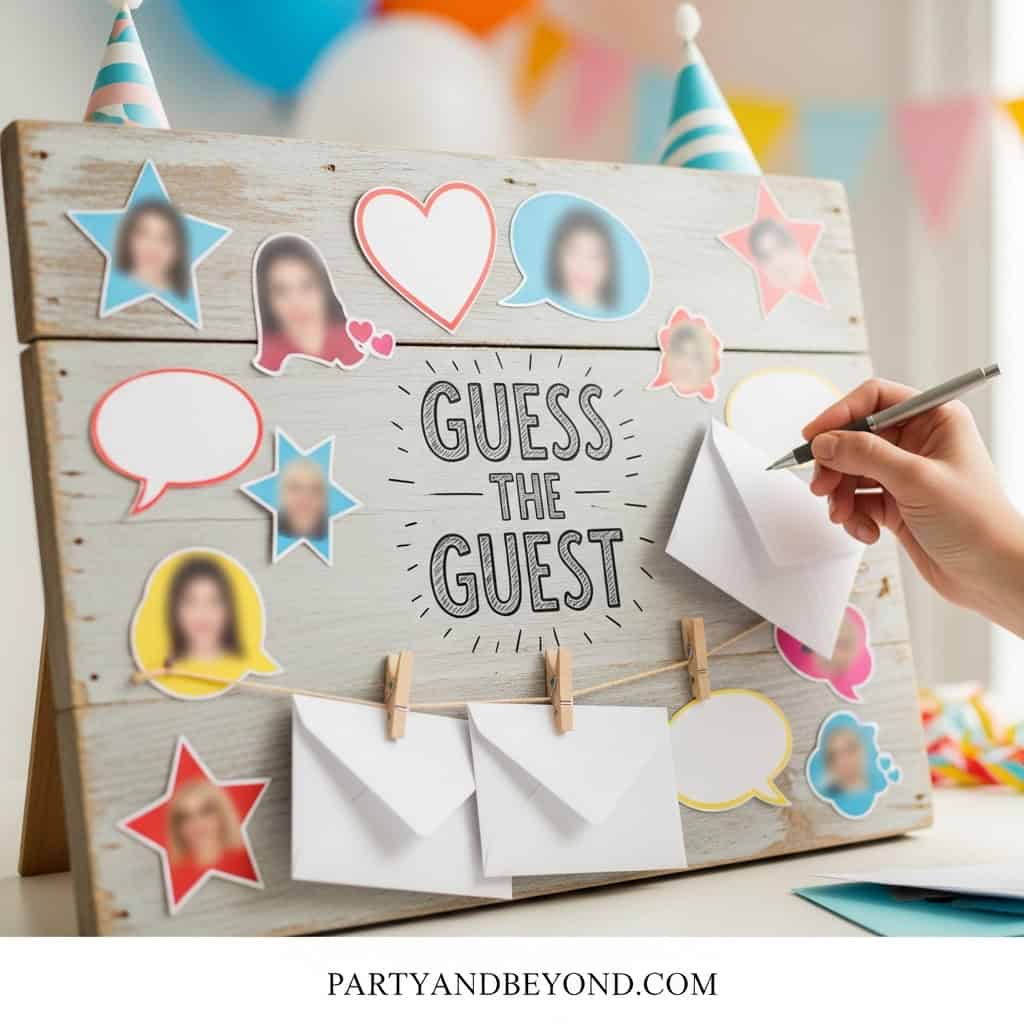 Guess the Guest wedding game with photo cutouts and fun props.