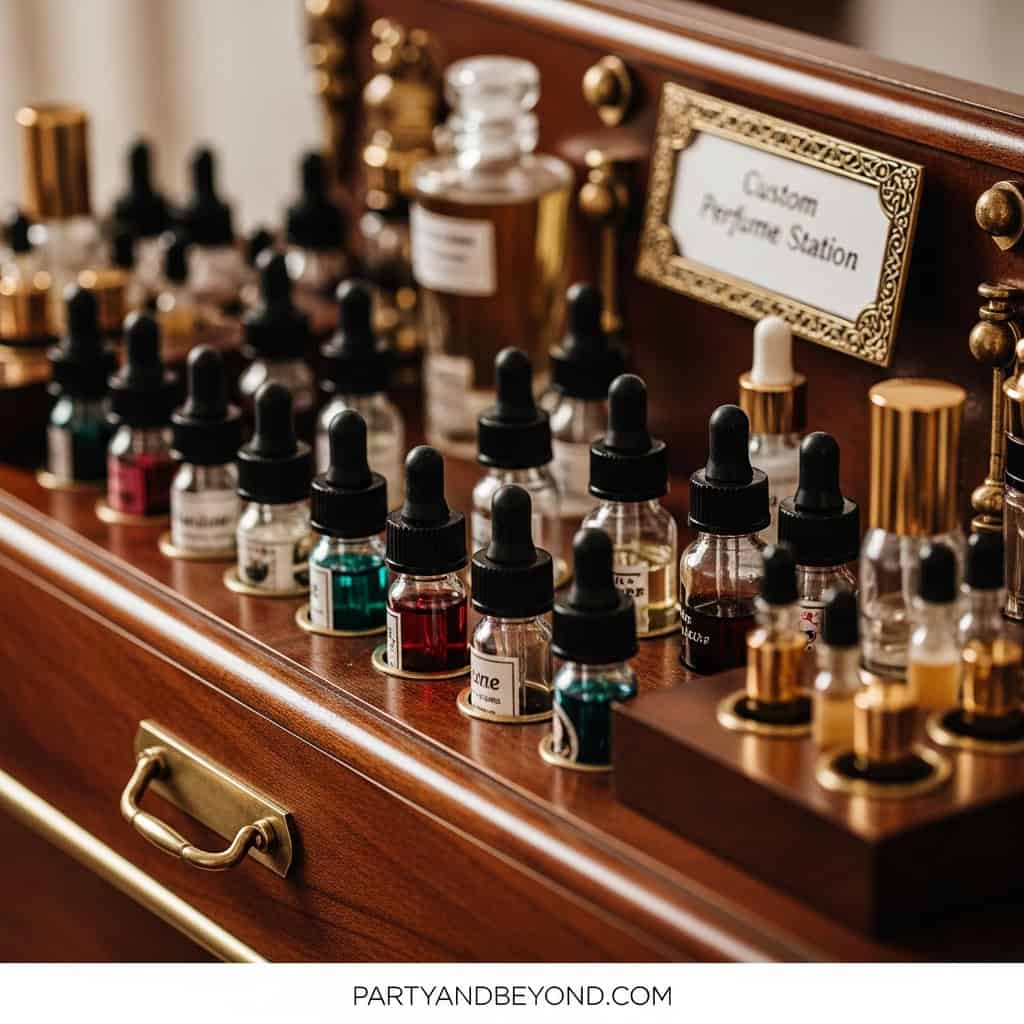 Custom perfume station with various fragrance bottles for wedding fun activities.