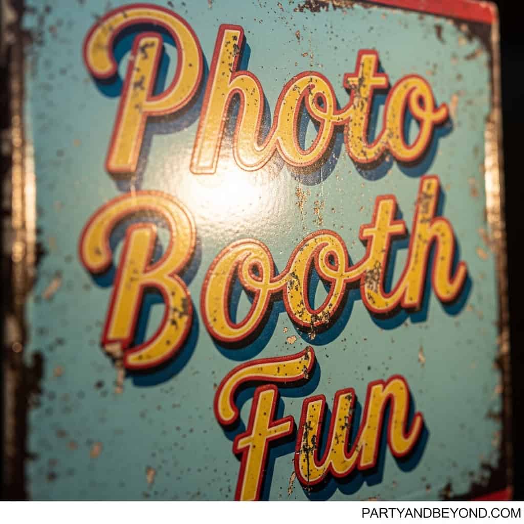 Indoor wedding photo booth with colorful, vintage-style sign for guest entertainment and memorable p.