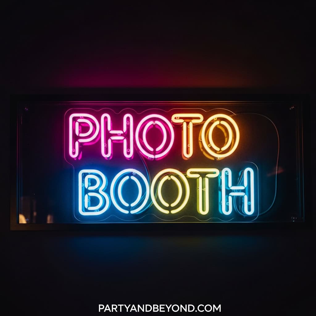 Colorful neon photo booth sign at wedding reception for fun and entertainment.