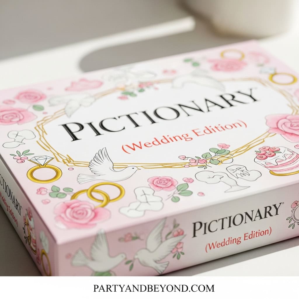 Pictionary Wedding Edition game box with floral and wedding-themed illustrations.
