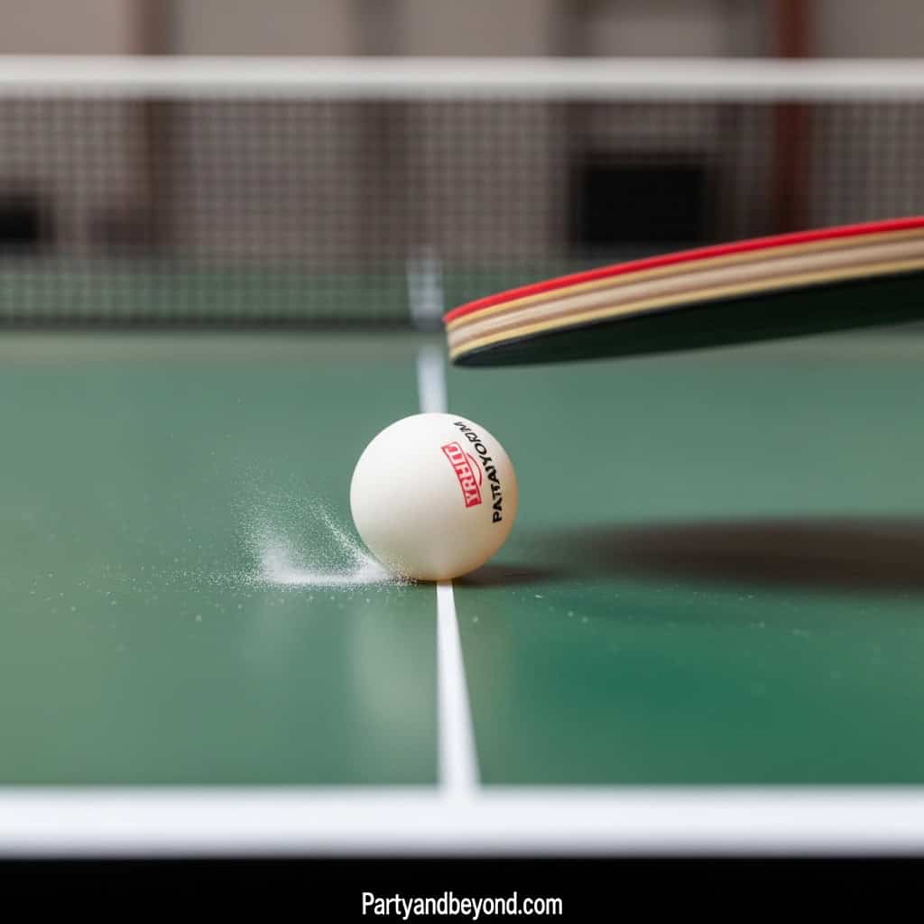 Close-up of a ping pong ball on a green table with a paddle in motion.