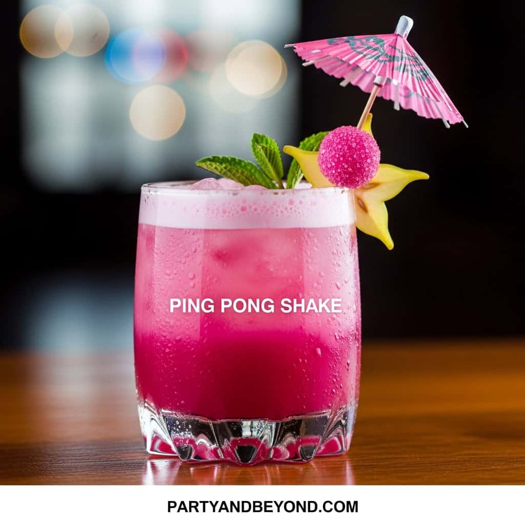 Ping pong shake cocktail with umbrella and lemon garnish, perfect for adult party games.