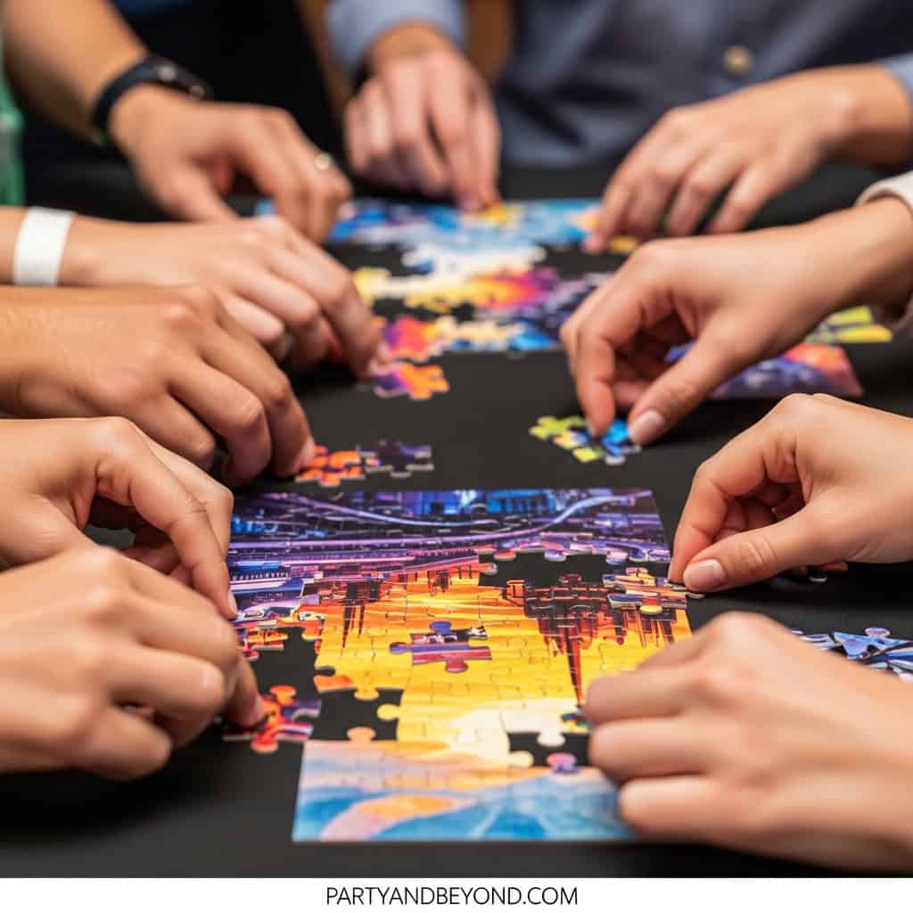 Puzzle game at a birthday party with kids and adults working together.