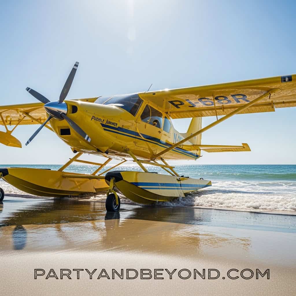Seaplane resting on the sandy beach with ocean waves in the background.