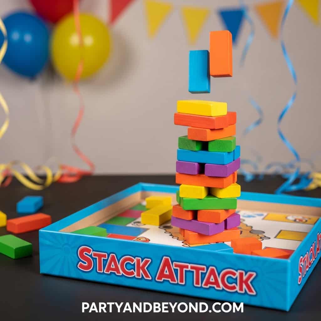 Fun and colorful Stack Attack game for adult party games and team challenges.