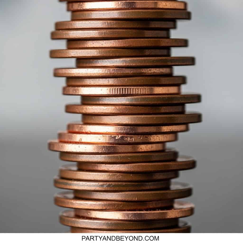 Coins stacked unevenly, symbolizing playful challenges for adult party games.