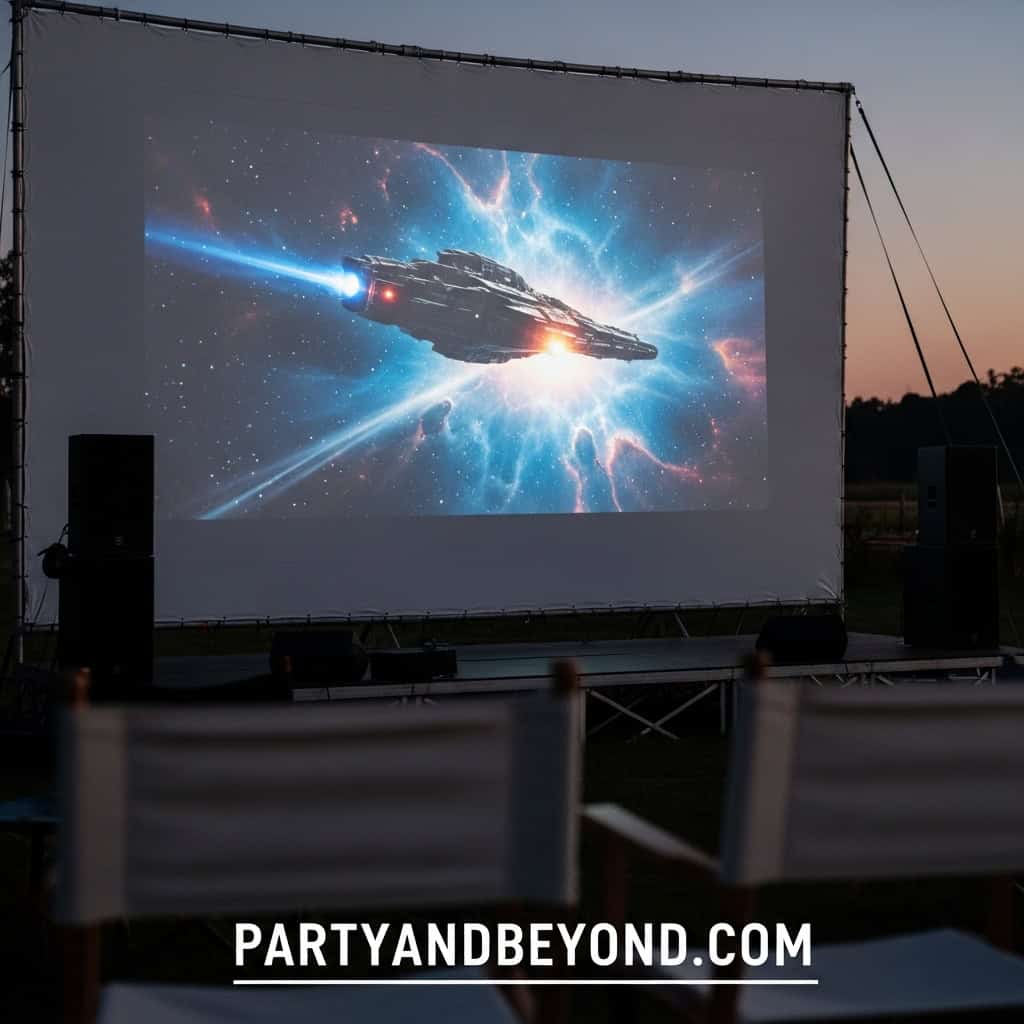 Star Wars spaceship projection on large outdoor screen during wedding celebration.
