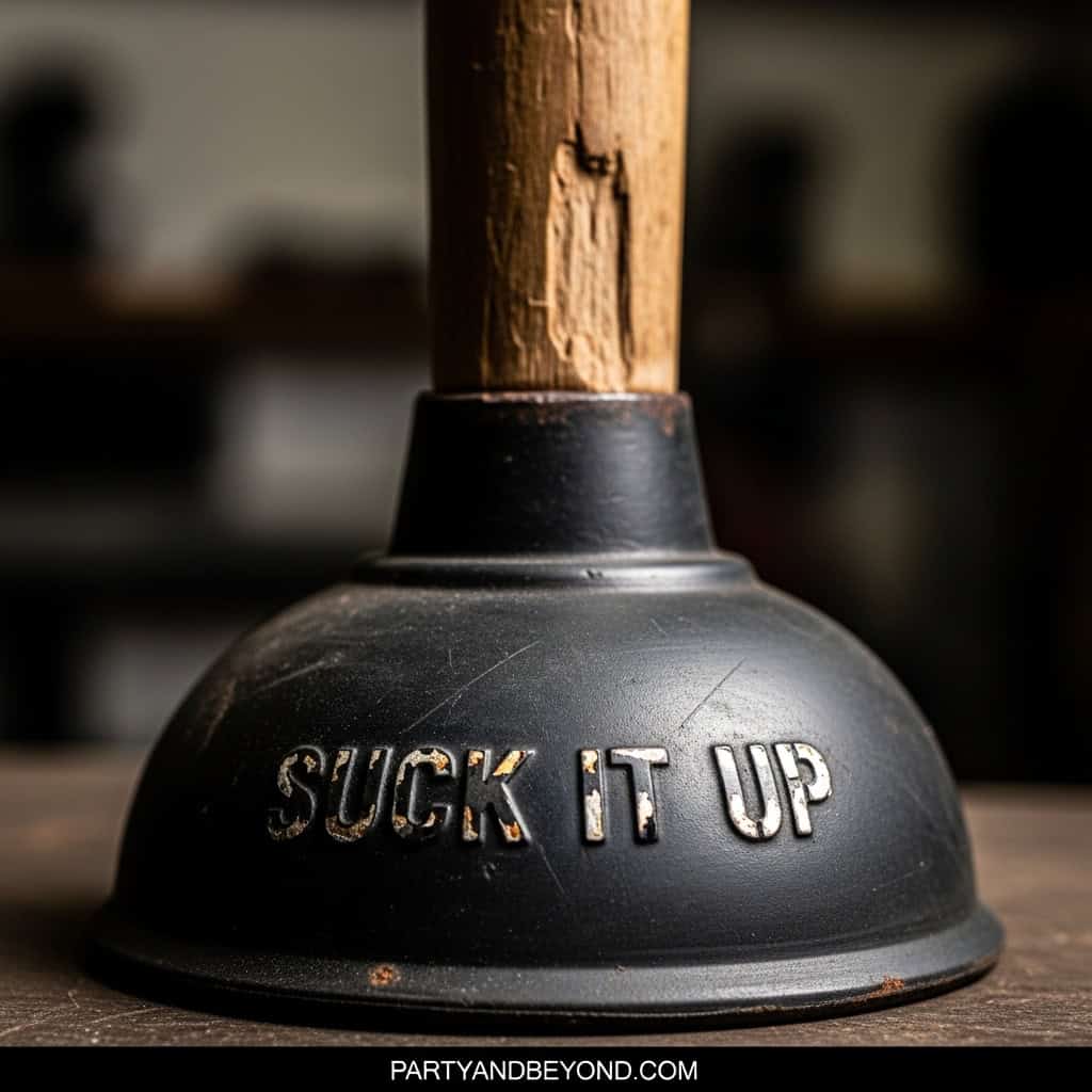 Black rubber game prop with "Suck It Up" text for party games.