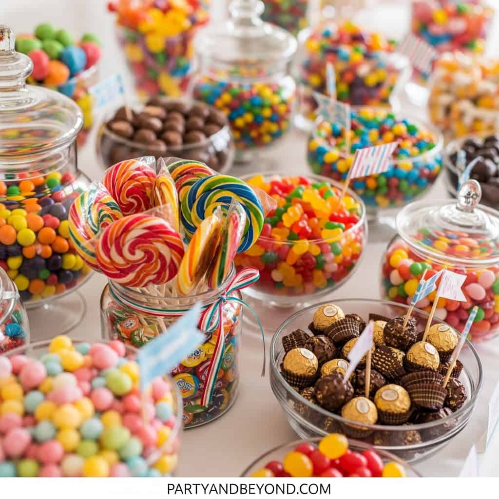 Candy buffet with colorful sweets for wedding games and entertainment.