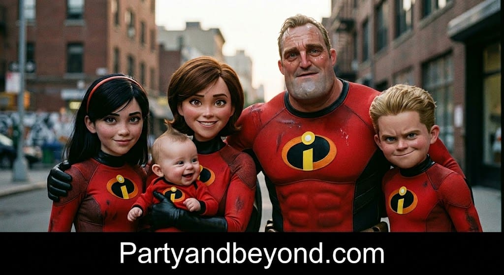 Family Halloween costumes for three wearing red Incredibles outfits with black masks and matching logos