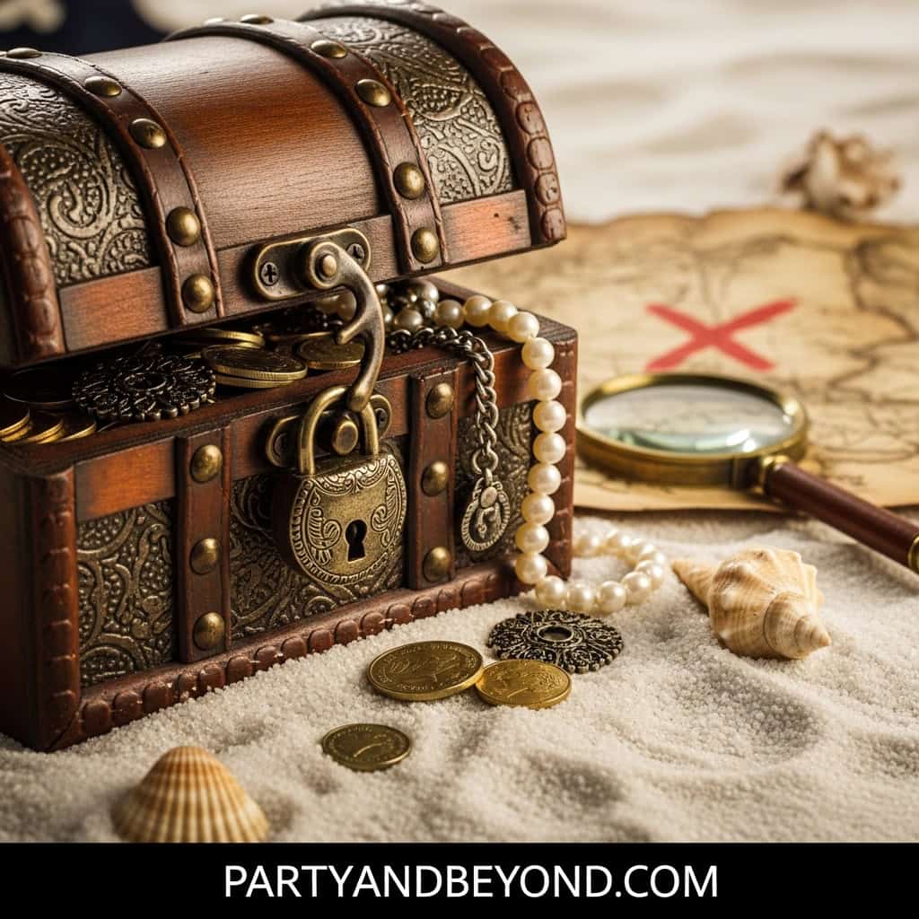 Vintage treasure chest with coins, pearl necklace, and nautical map on sandy surface.