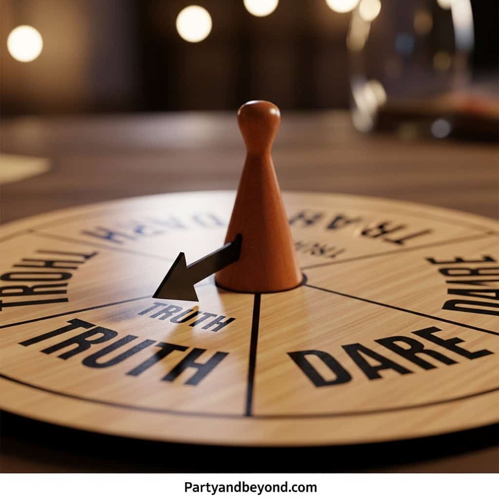 Wedding reception game with a wooden spinner and truth, dare, and lie options.