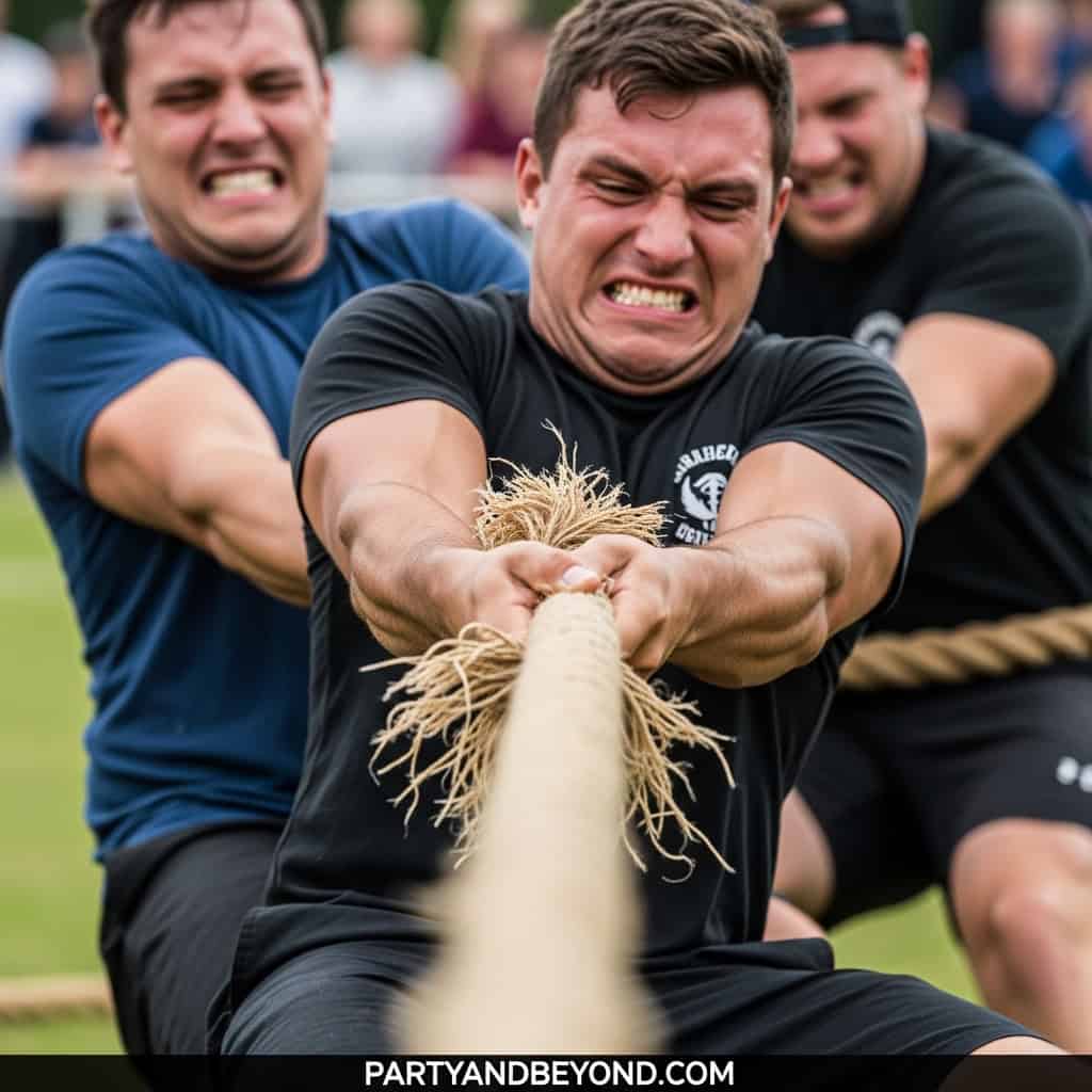 Kids participating in a tug of war game at a lively birthday party event.