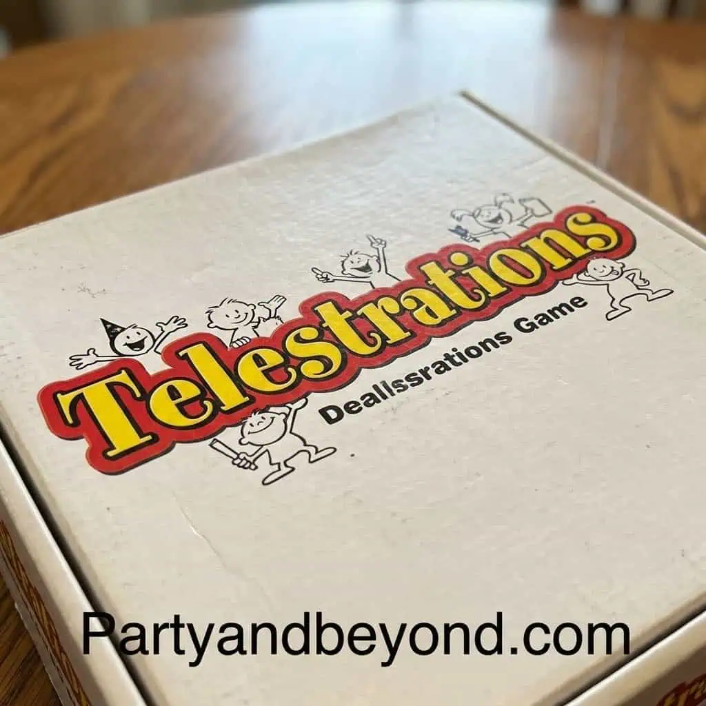 Telestrations game box for adult dinner party games.