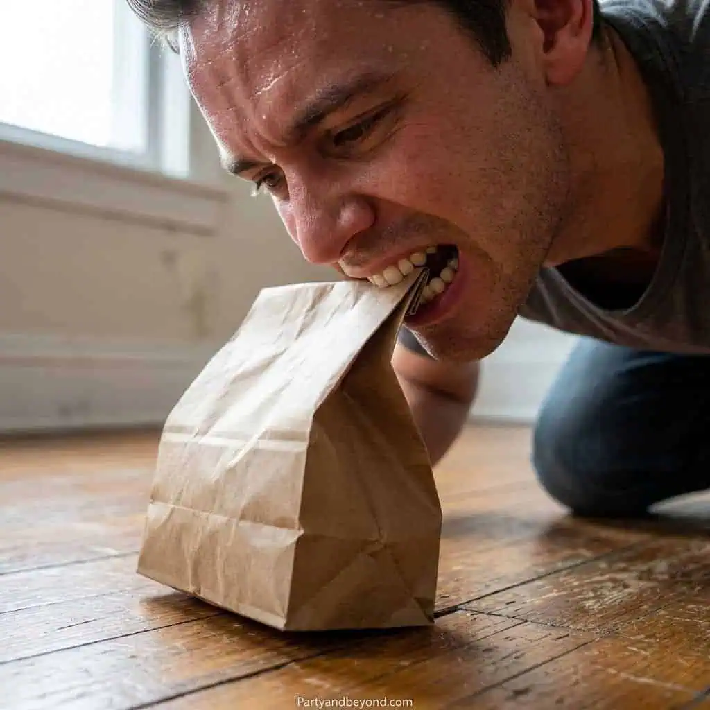 Man biting into a paper bag on wooden floor at home.
