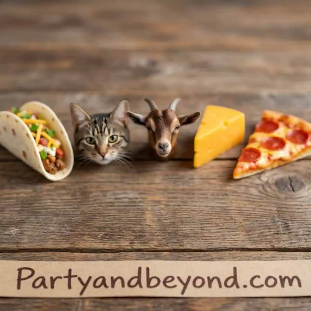 Fun party food with a cat and goat, cheese, and pizza on a wooden table.
