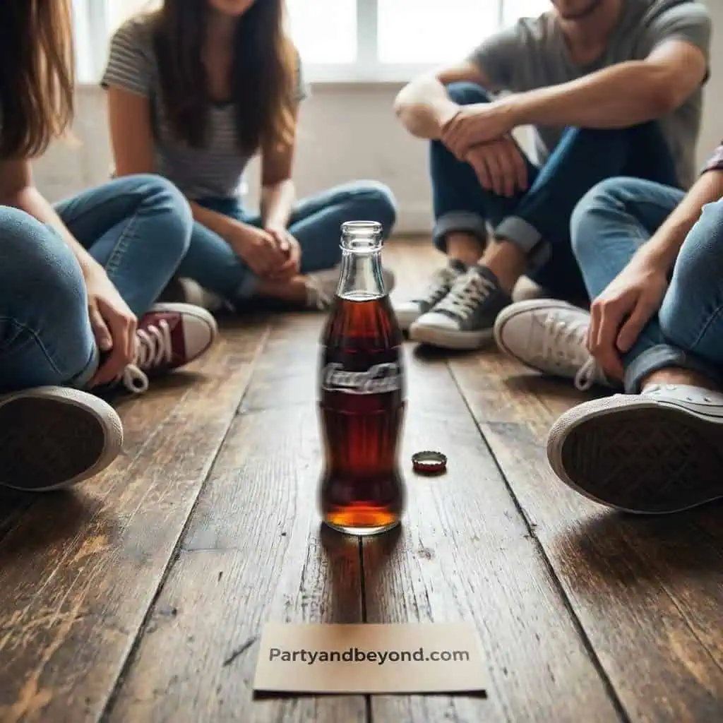 Group of friends playing dinner party game with a Coca-Cola bottle on wooden floor.