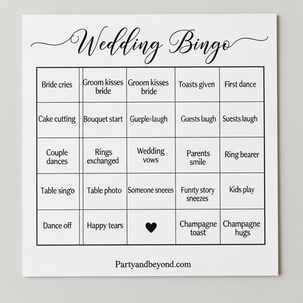 Wedding bingo game card with fun wedding reception activities and games.