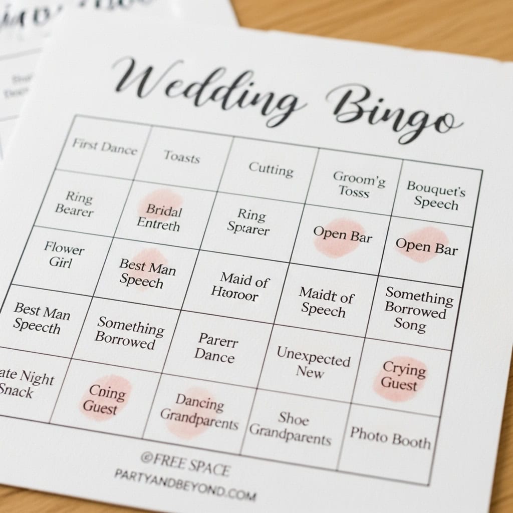 Wedding bingo game card with fun wedding activities and games for indoor celebration.
