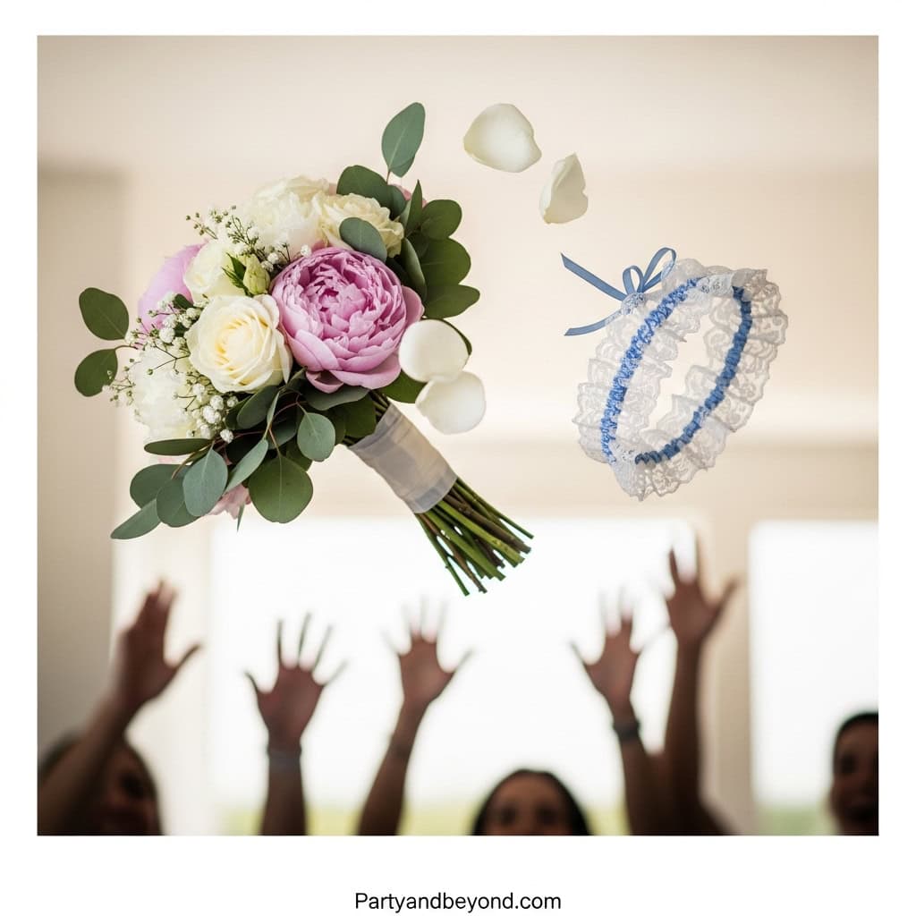Elegant wedding bouquet with pink and white flowers, and a flower girl basket flying.