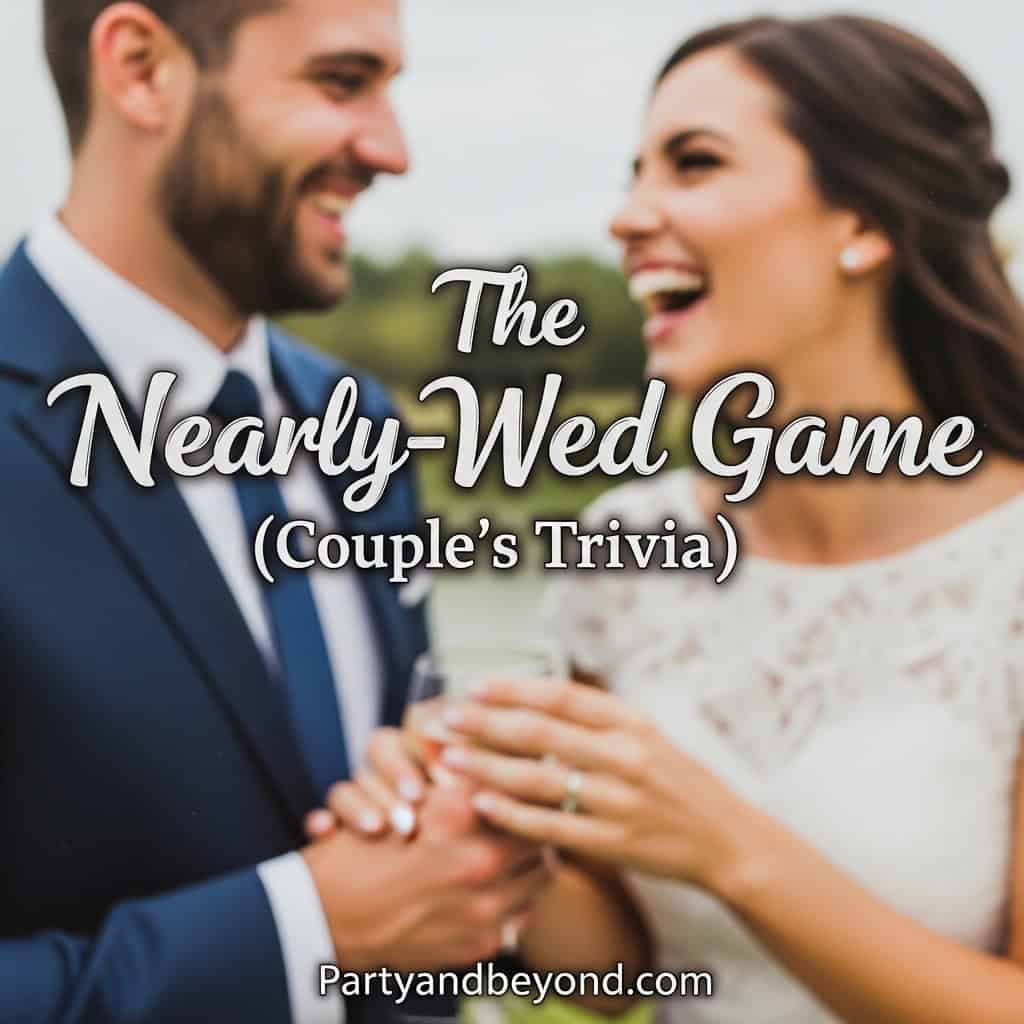 Close-up of a happy bride and groom playing wedding trivia game at their celebration.