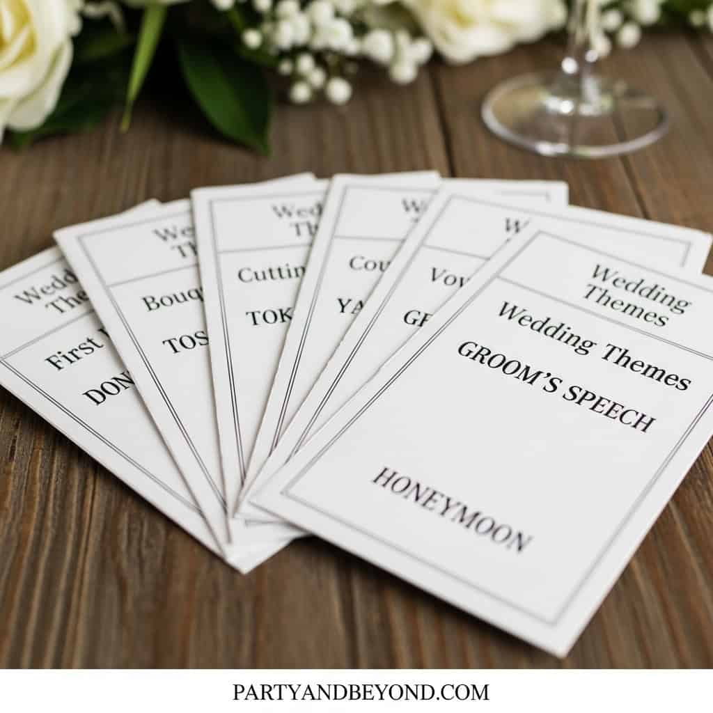 Set of wedding game and theme cards for indoor wedding celebration and entertainment.