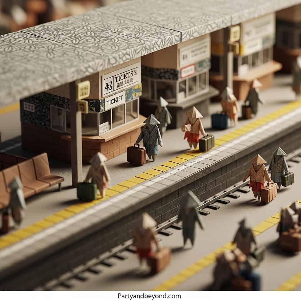 Miniature model of a wedding reception with guests and ticket booth setup.