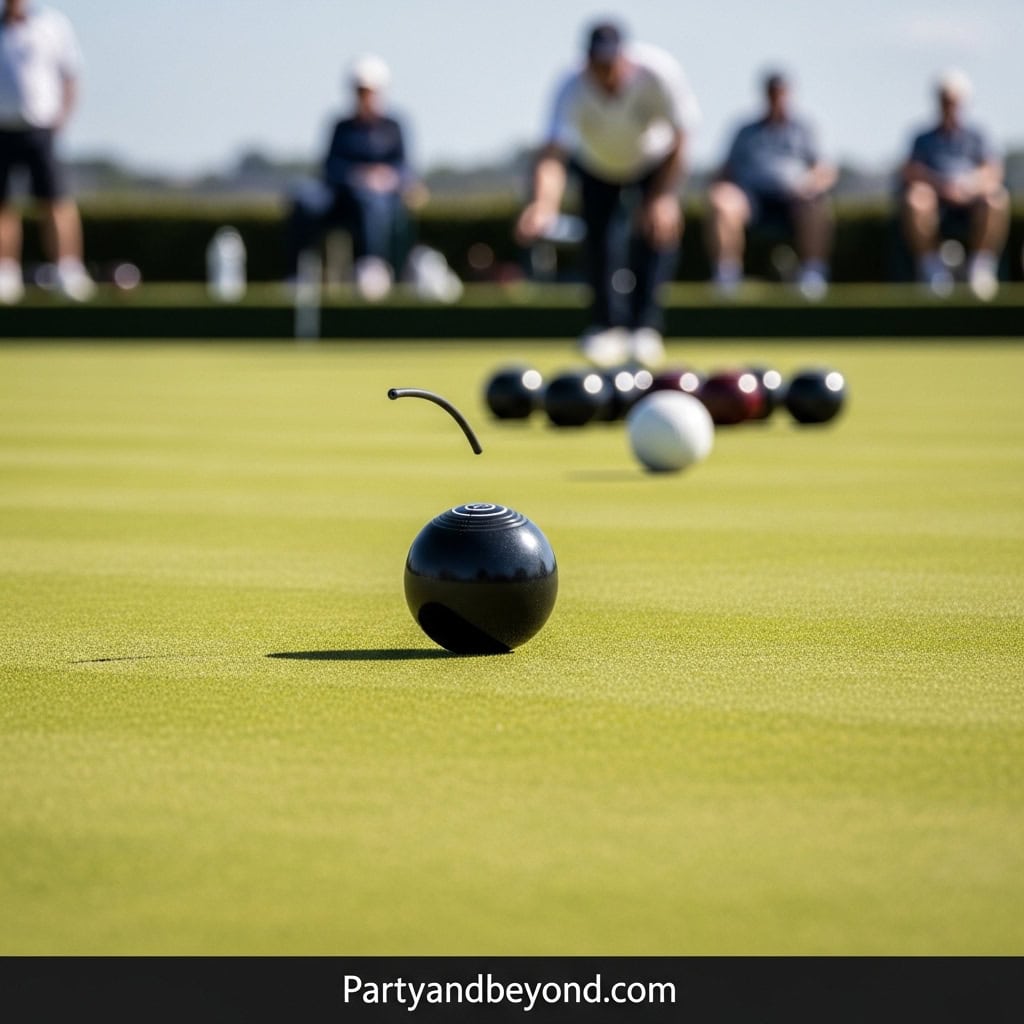 People playing lawn bowling at wedding reception with friends and family.