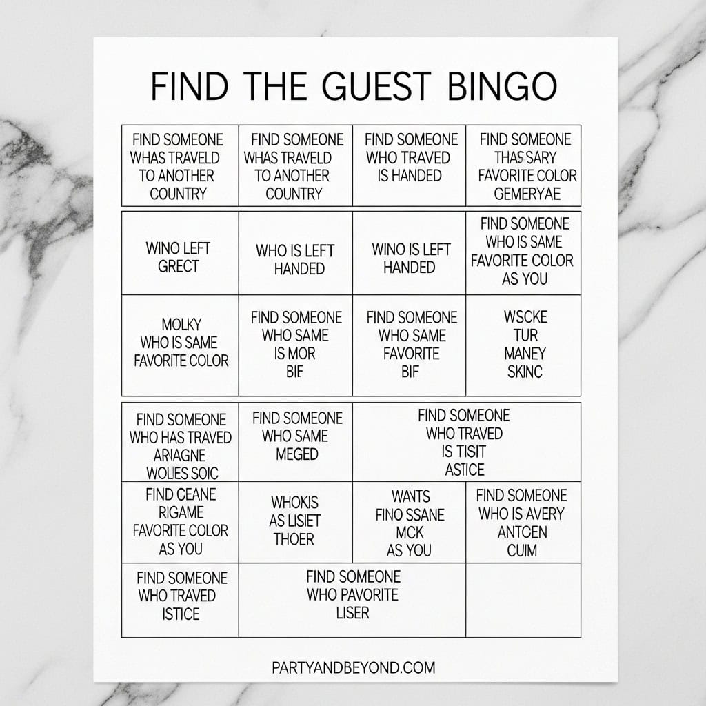 Guest Bingo game for wedding reception entertainment and guest interaction.