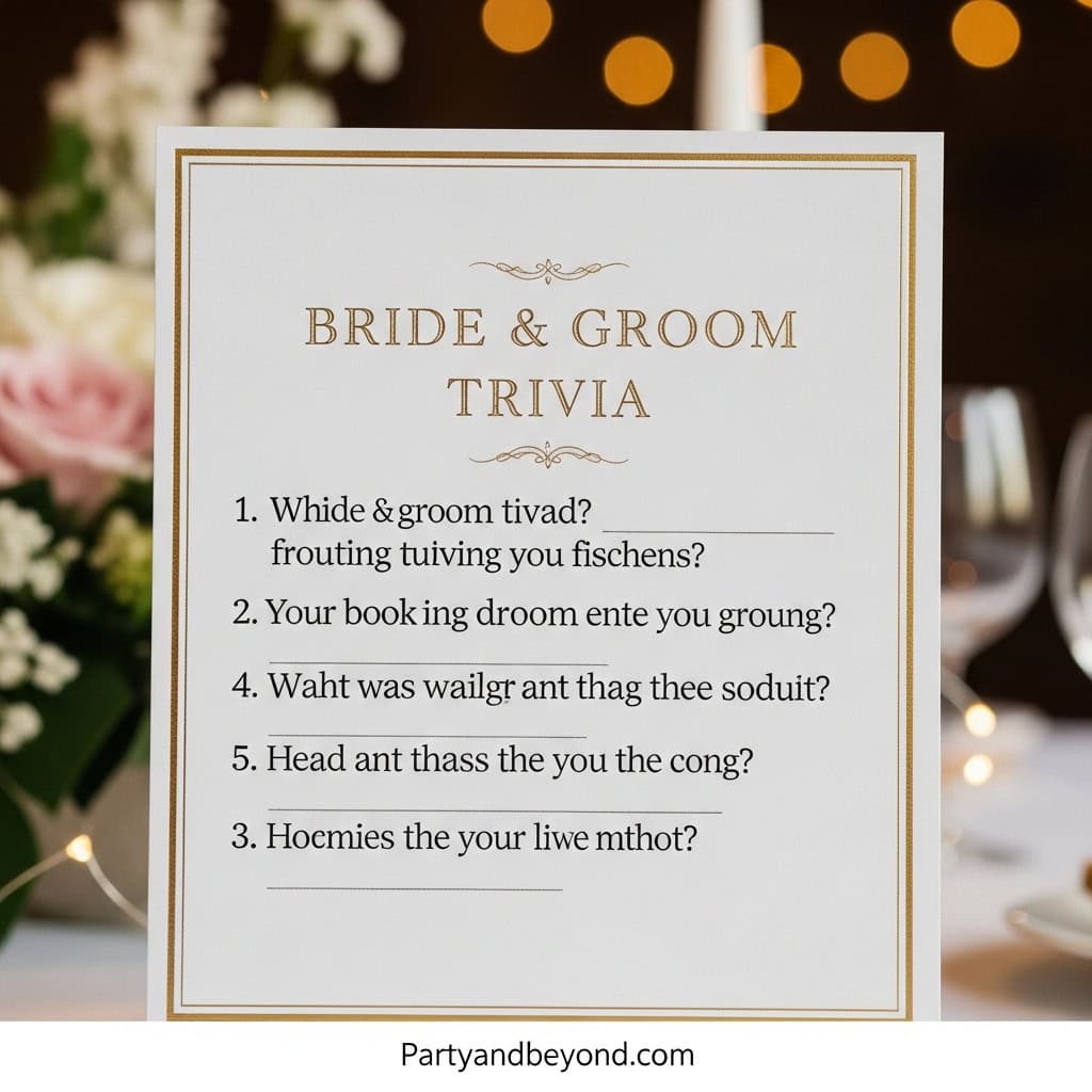 Wedding reception trivia game sign for guest entertainment at wedding parties.