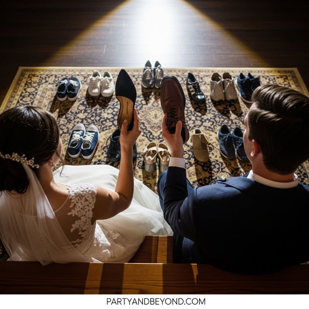 Bride and groom choosing wedding shoes with various options on the floor.