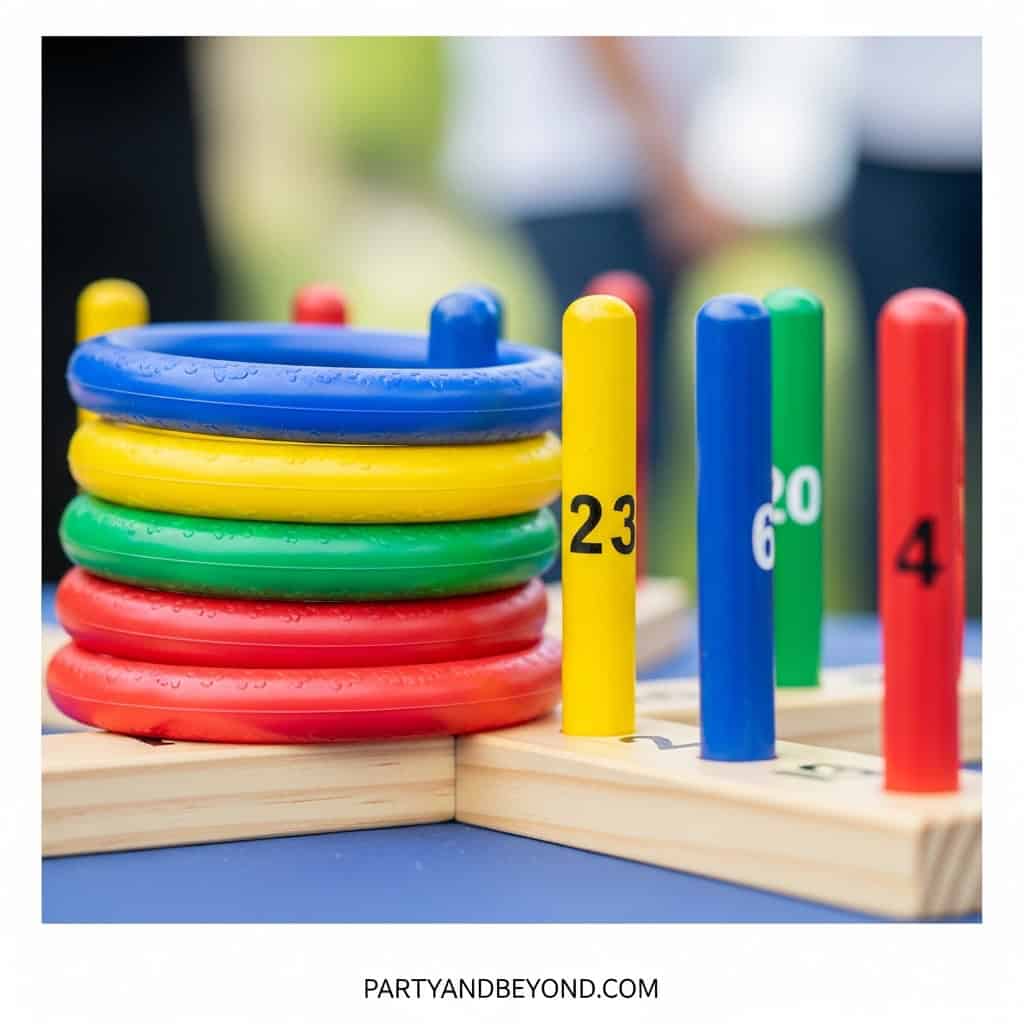 Indoor wedding game with colorful rings and numbered pegs for fun and engagement.