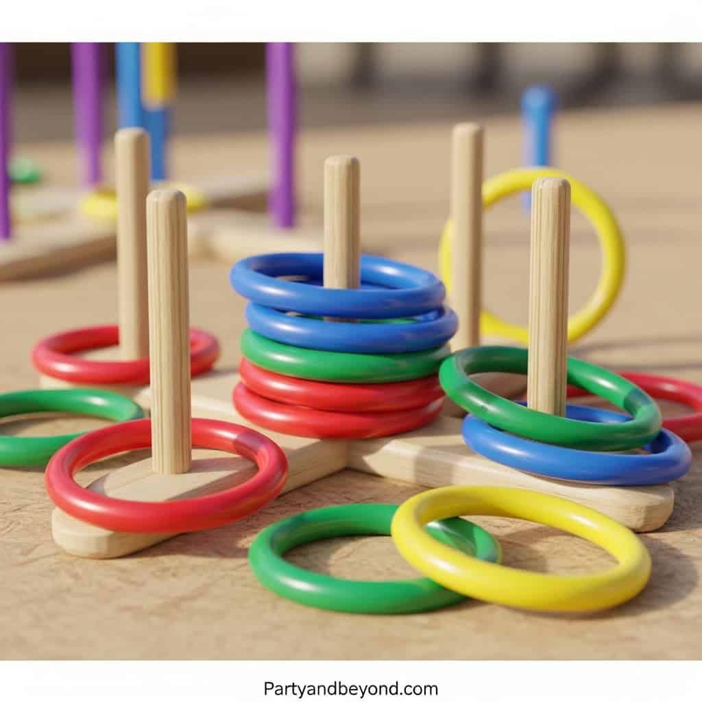 Colorful ring toss game for wedding reception fun.