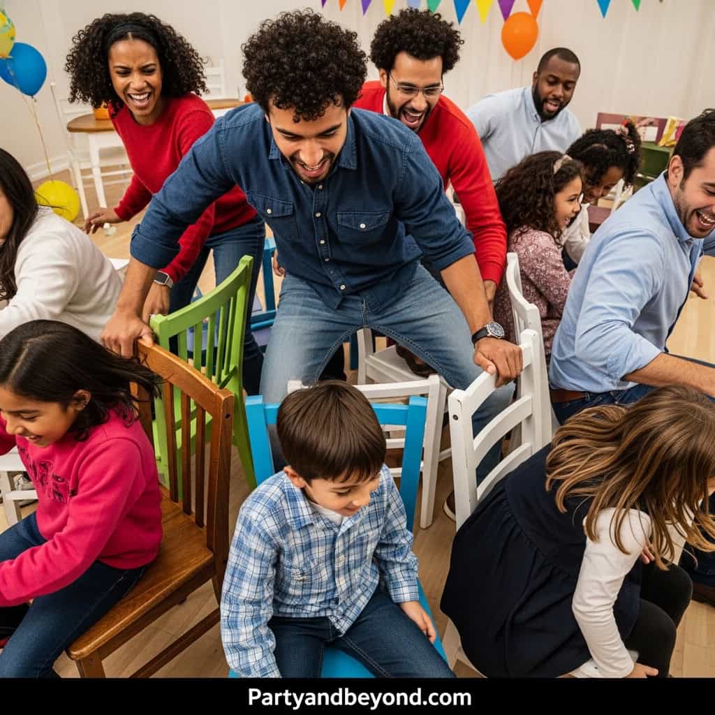 Indoor wedding game fun with guests playing chair game.