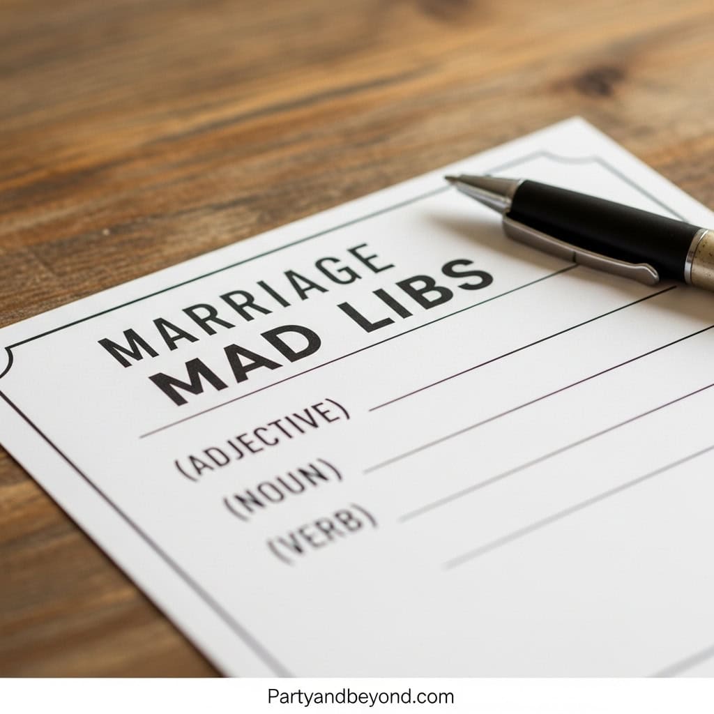 Wedding reception Mad Libs game sheet with pen on wooden table.