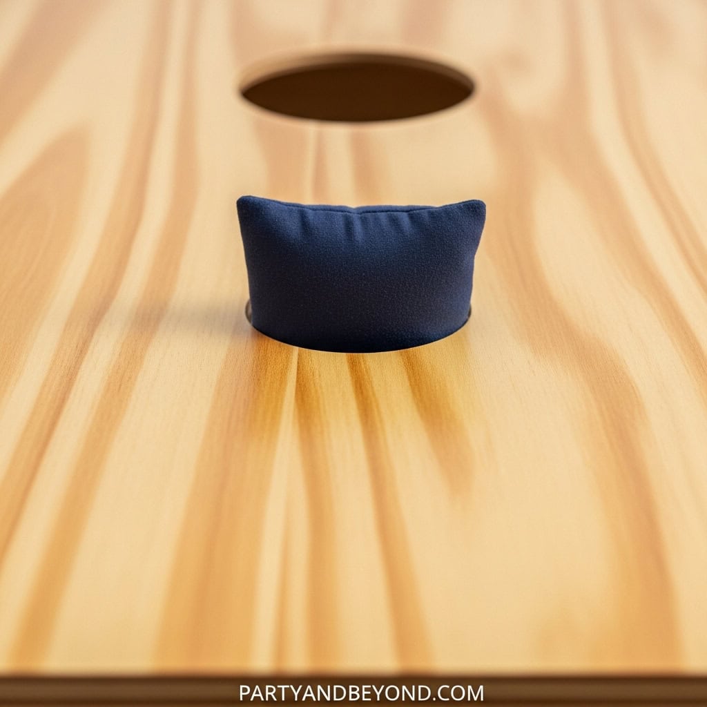 Cornhole game with a bean bag ready to toss.